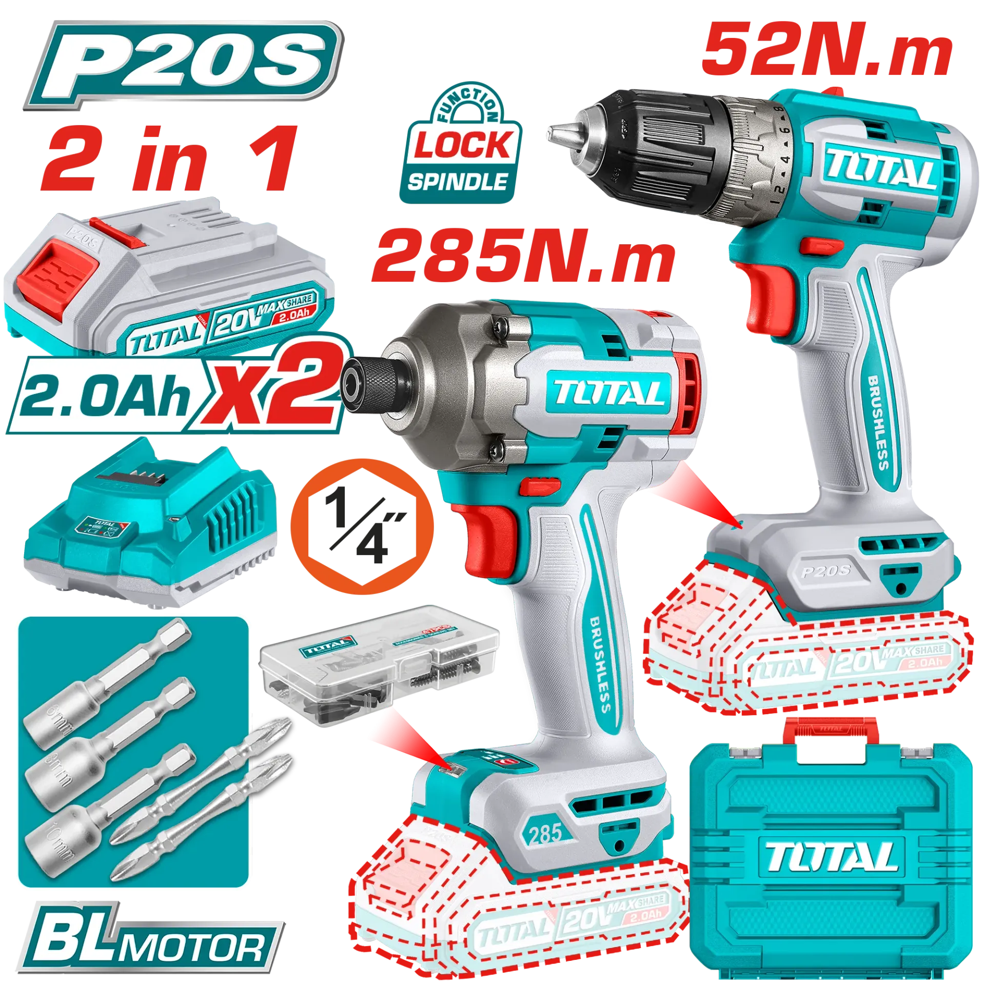 Set 2/1 vrteshkruese 52Nm + zhurmueser 285Nm 20V 2x2.0Ah TOTAL TCKLI20272