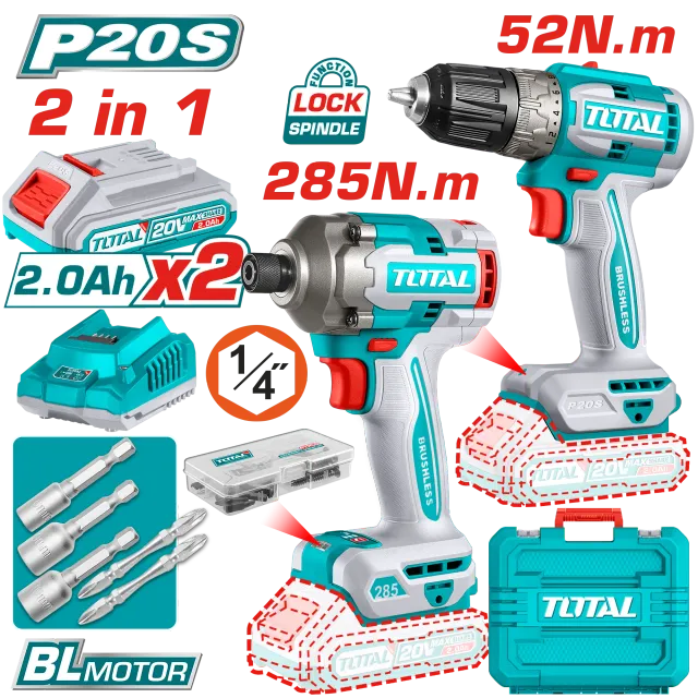 СЕТ 2/1 ШТРАФИЛИЦА 52Nm + ОДВРТУВАЧ 285Nm 20V 2×2.0Ah TOTAL TCKLI20272