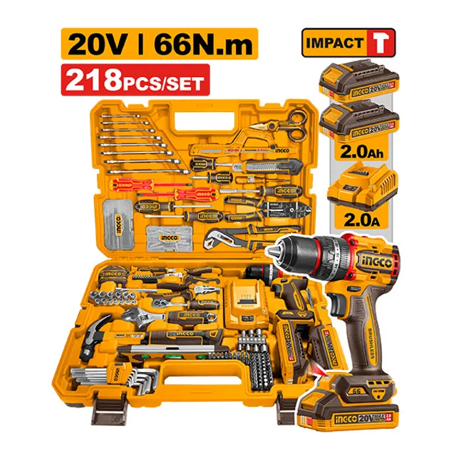 Trapano-kaçavidë me bateri 20V 66N.m + 218 pjesë vegla dore INGCO HKTHP42182