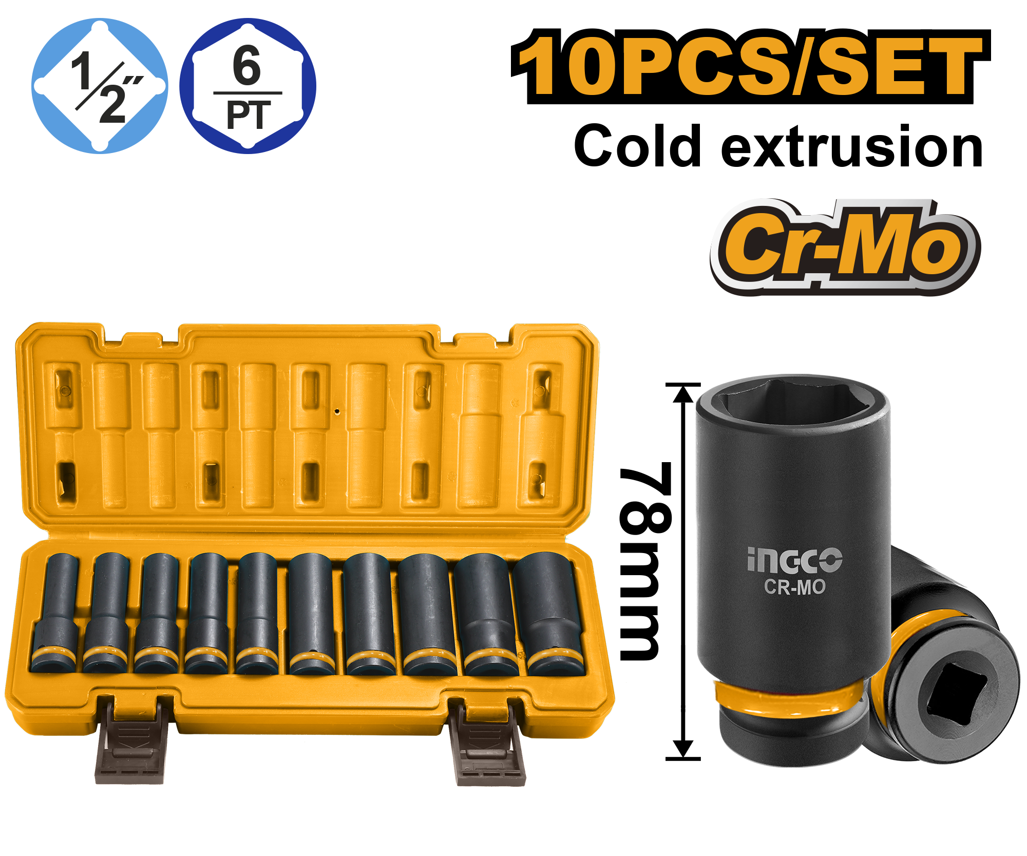 Set 10/1 patentë çelësa 1/2" 78mm INGCO HKISSD12102L