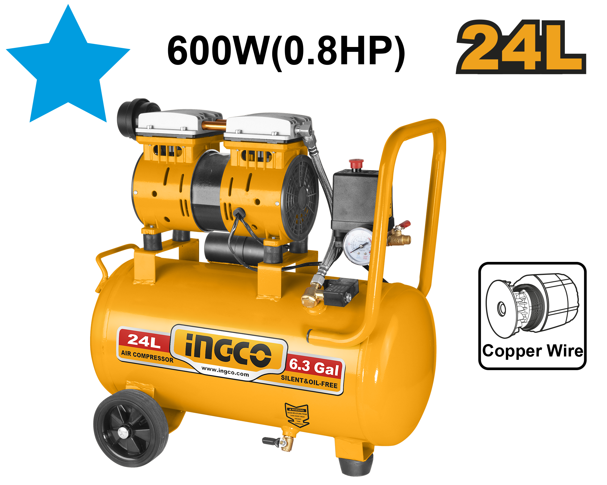 Kompresor bez vaji 24L 0.6KW INGCO ACS175241