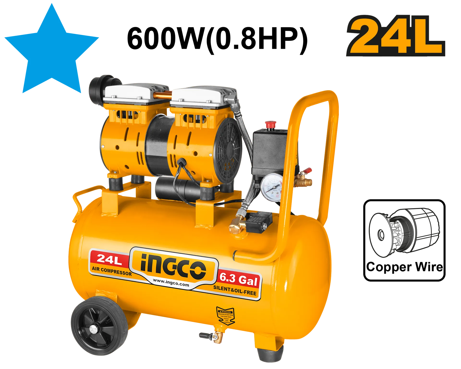 БЕЗМАСЛЕН КОМПРЕСОР 24L 0.6KW INGCO ACS175241