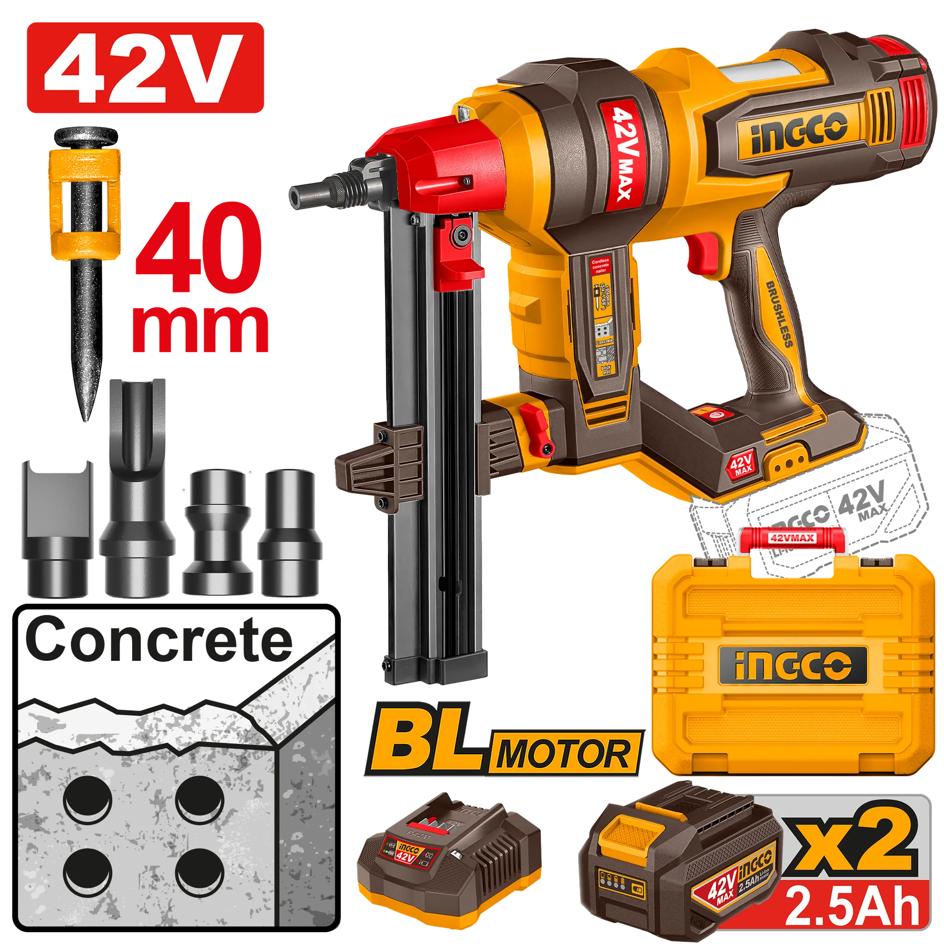 ХЕФТАЛИЦА ЗА ШАЈКИ ВО БЕТОН 42V 2×2.5Ah INGCO CCNLI420602