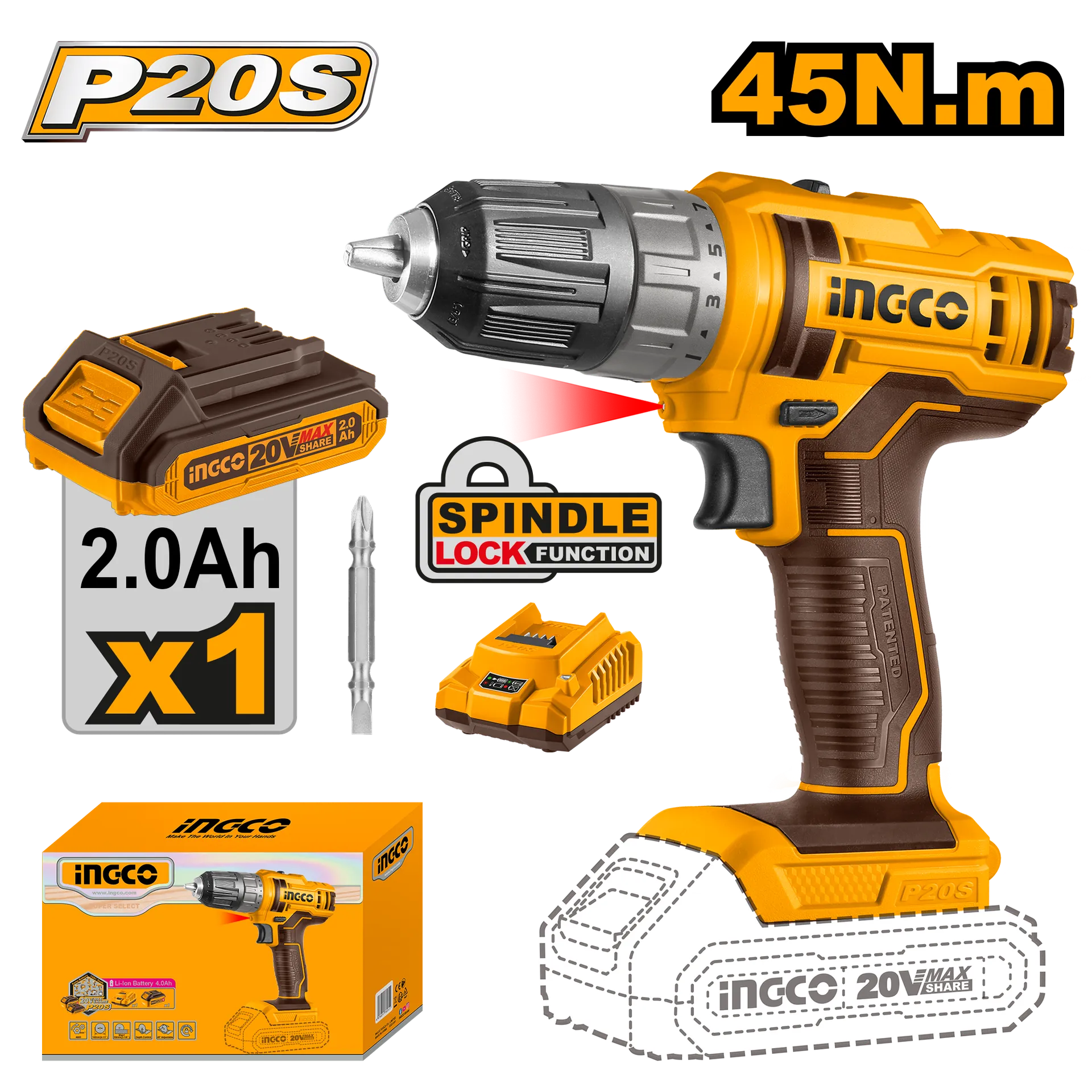 Puntë 20V me 1x2.0Ah baterije 45Nm INGCO CDLI200518