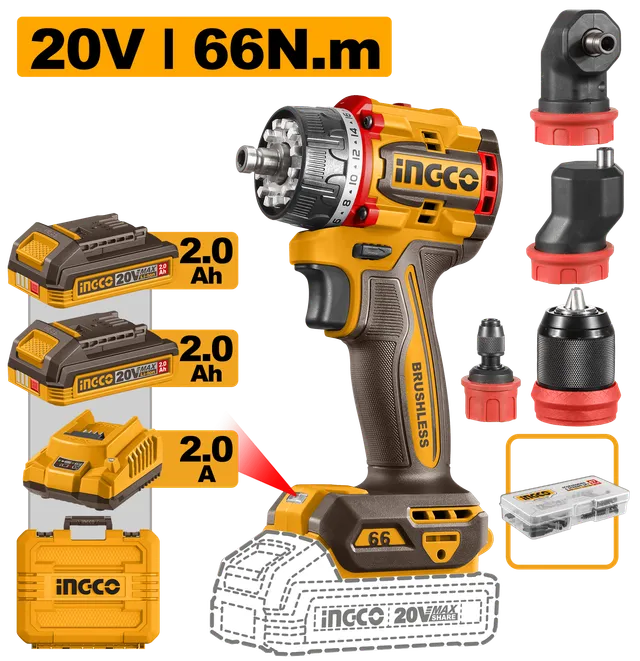 МУЛТИФУНКЦИОНАЛНА ДУПЧАЛКА 4 во 1 BRUSHLESS 20V 66Nm 2x2.0Ah INGCO CDLI206686