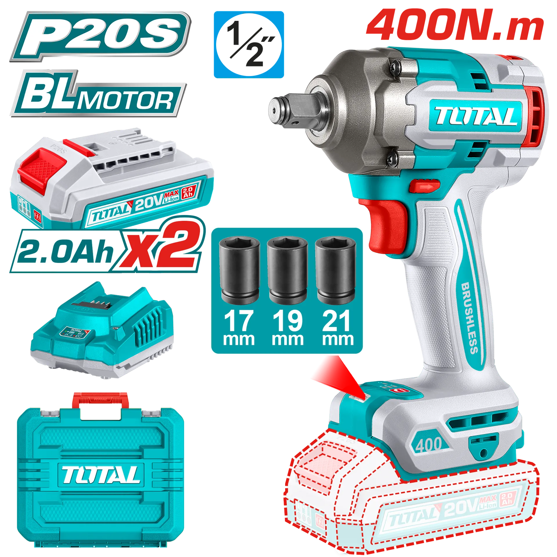 Shpuese drite 400Nm 20V 2×2.0Ah TOTAL TIWLI2040