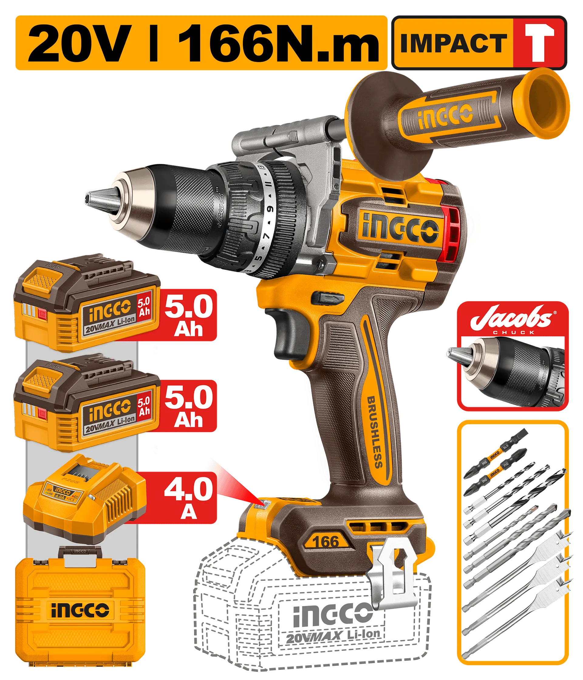 Trapan goditës brushless INGCO 166Nm 20V 2×5.0Ah CIDLI201668