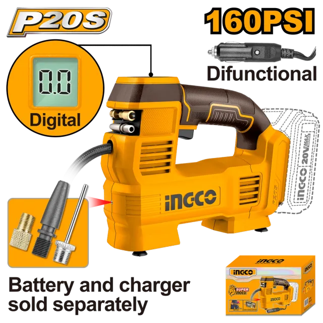 БАТЕРИСКИ КОМПРЕСОР ЗА ГУМИ 160PSI 20V СОЛО БЕЗ БАТЕРИИ INGCO CACLI2012