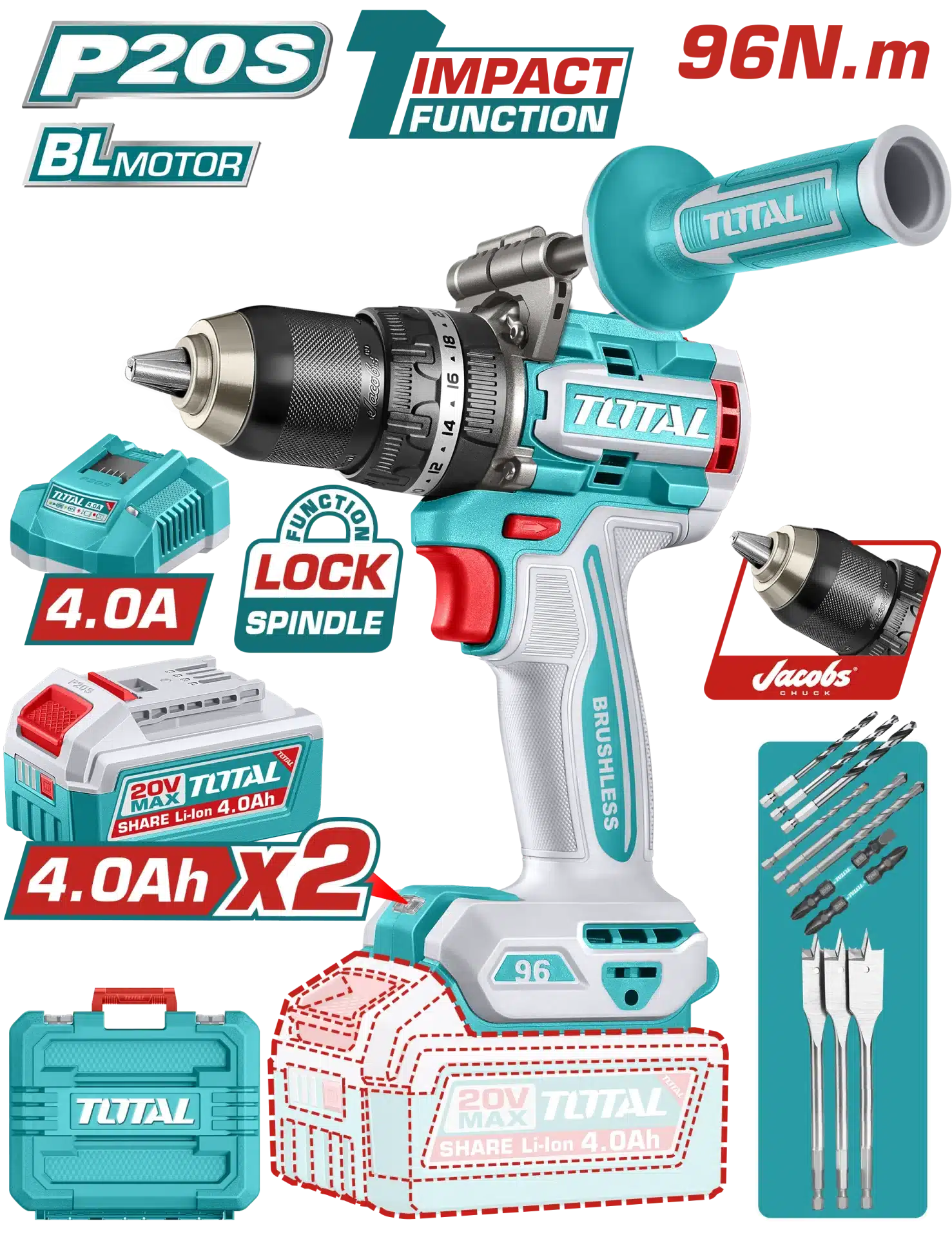 ШТРАФИЛИЦА 96Nm 20V СО 2×4.0AH Jacobs Футер ТОТАЛ TIDLI209686
