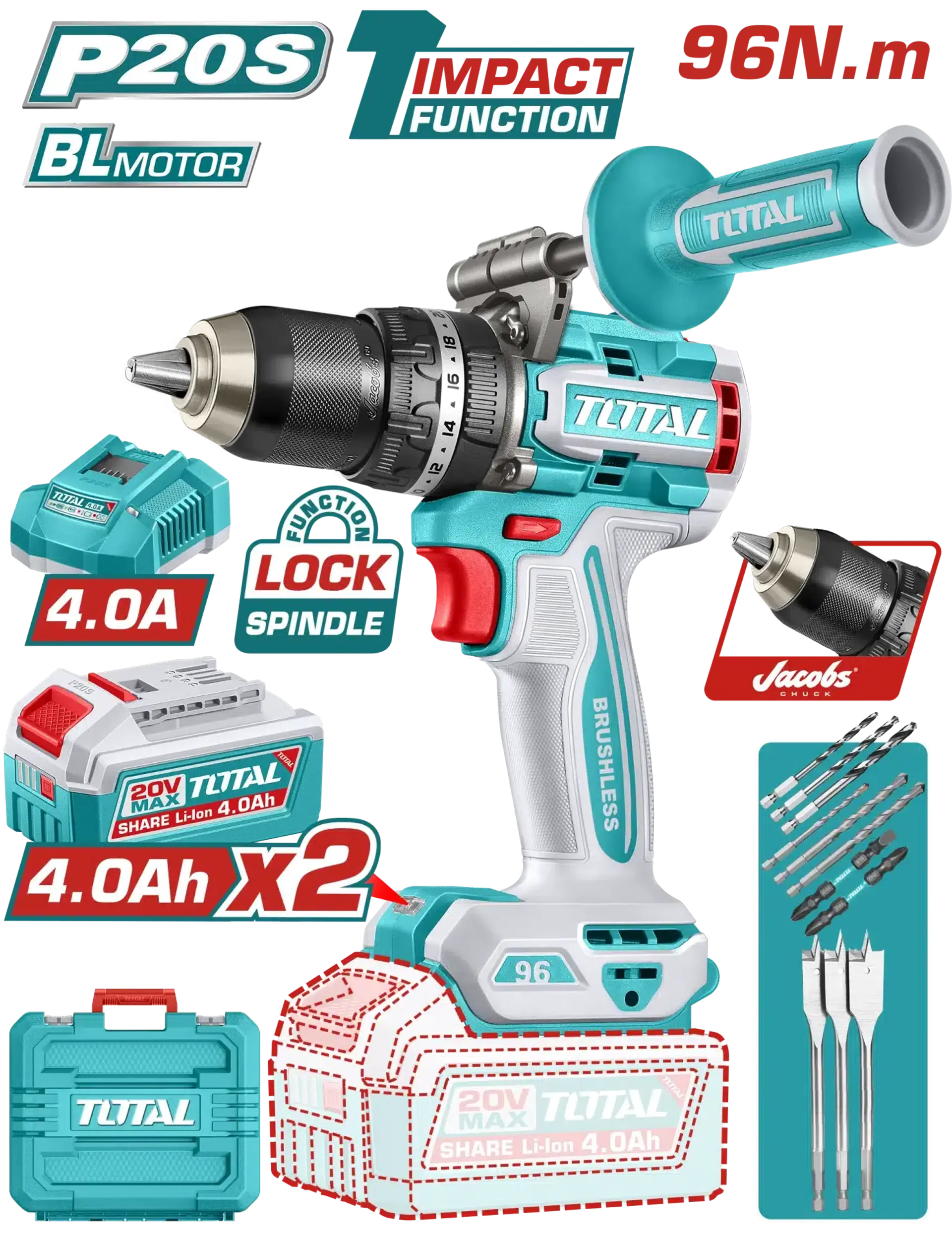 ШТРАФИЛИЦА 96Nm 20V СО 2×4.0AH Jacobs Футер ТОТАЛ TIDLI209686