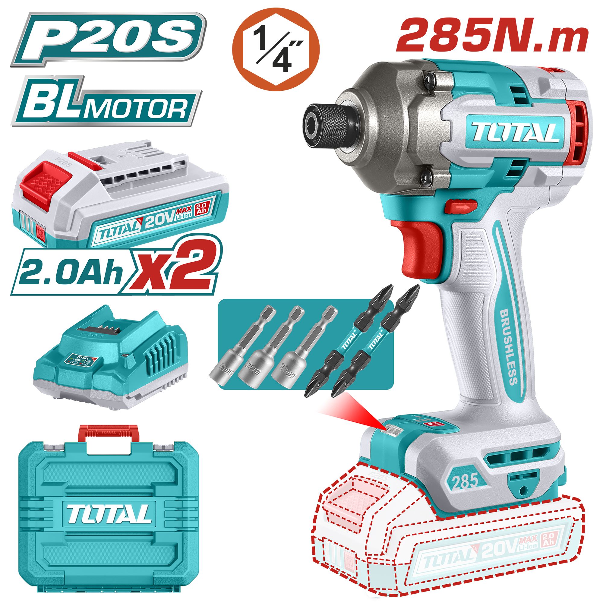 Shpuese ndikimi 285Nm 20V 2×2.0Ah TOTAL TIRLI2028