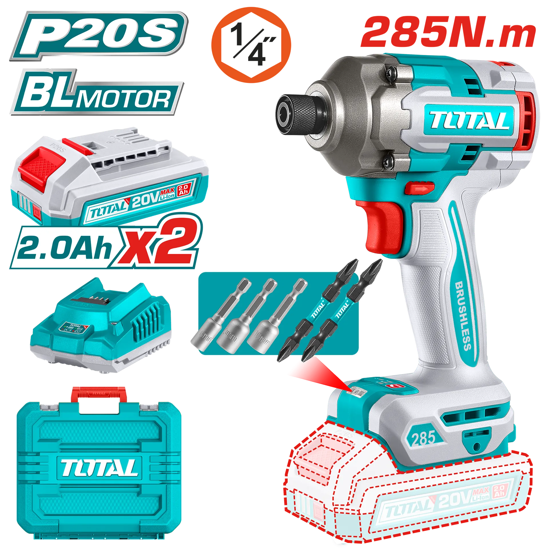 Shpuese ndikimi 285Nm 20V 2×2.0Ah TOTAL TIRLI2028