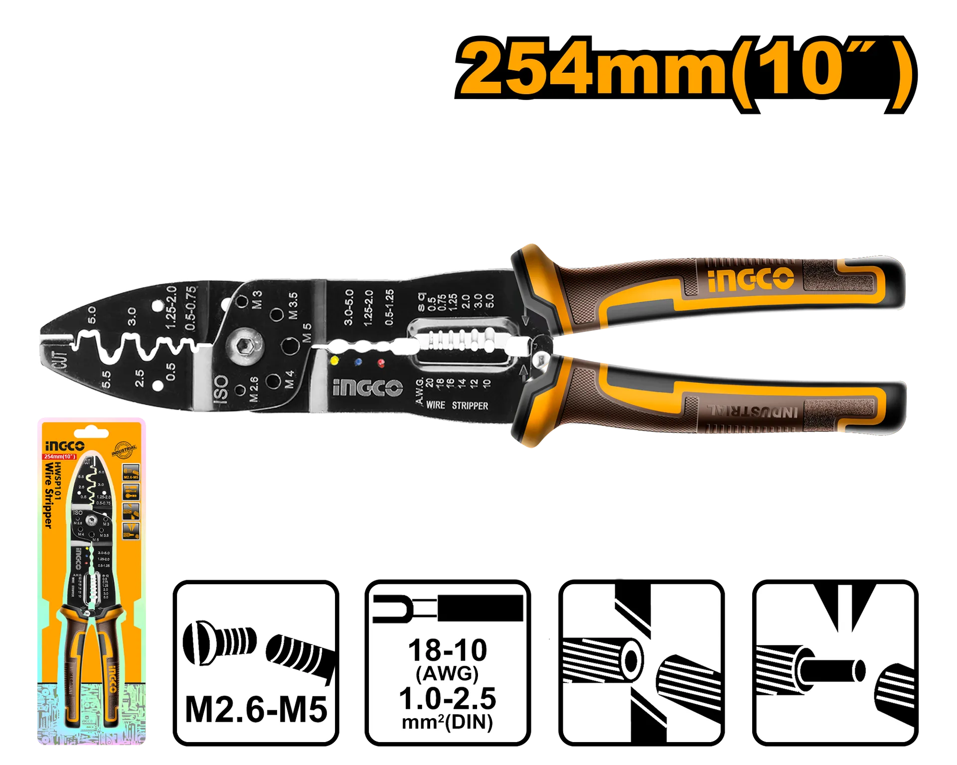 ЕЛЕКТРИЧАРСКИ КЛЕШТИ ЗА ОГОЛУВАЊЕ КАБЕЛ 254mm 10″ INGCO HWSP101