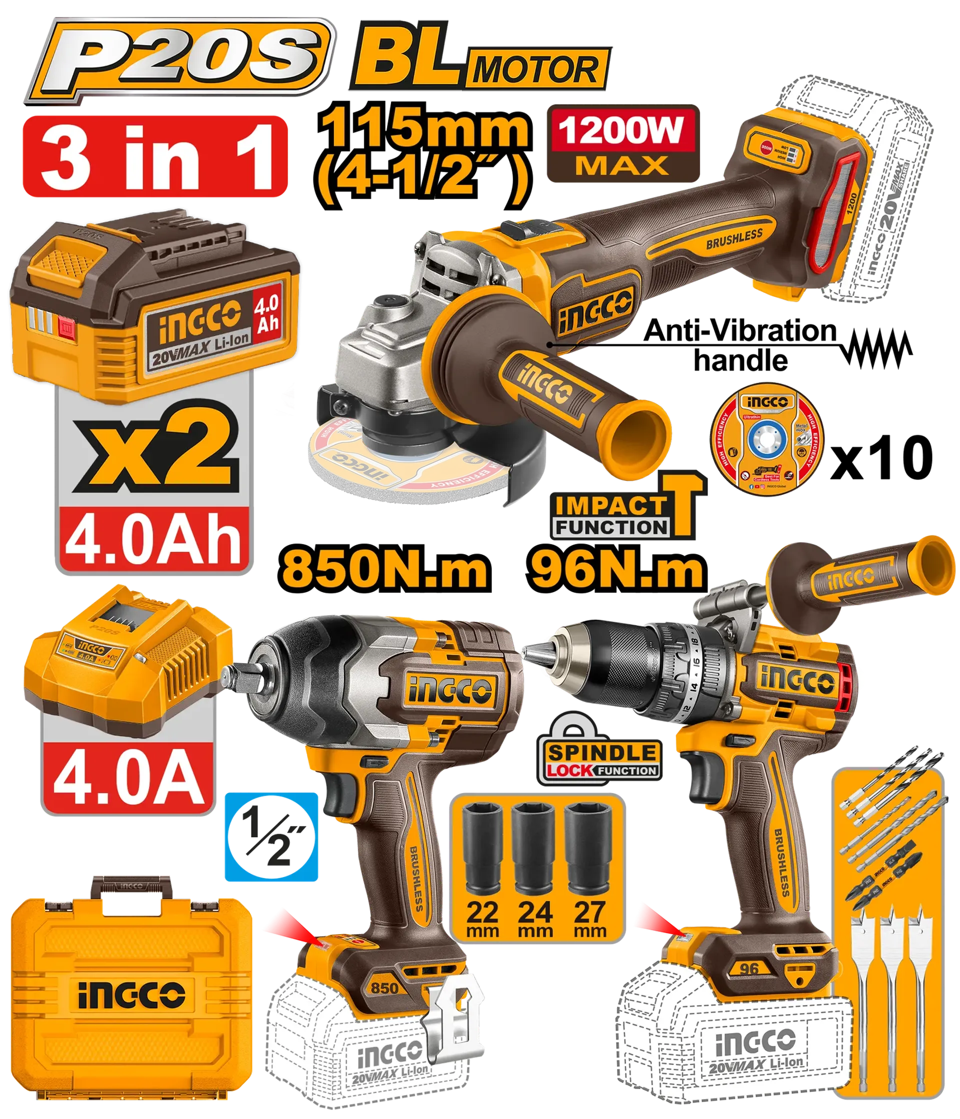Kompleti combo bateri 3/1 2x4.0Ah INGCO COSLI251292