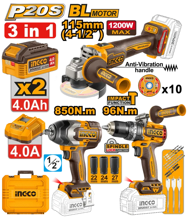 БАТЕРИСКИ COMBO СЕТ 3/1 2×4.0Ah INGCO COSLI251292