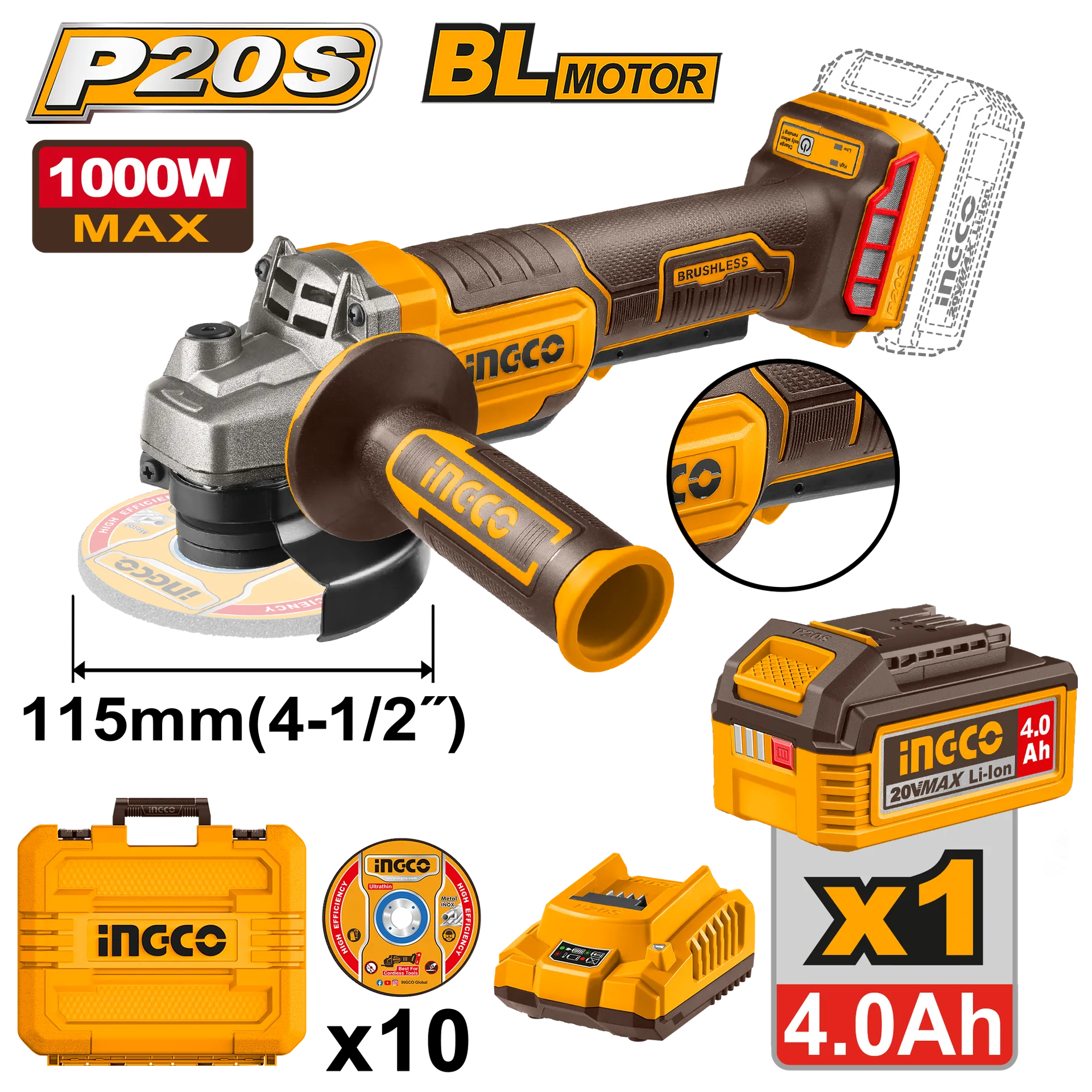 Brusilja bateri 20V 115mm 1x4.0Ah bateri +10 gurë INGCO CAGLI2111561