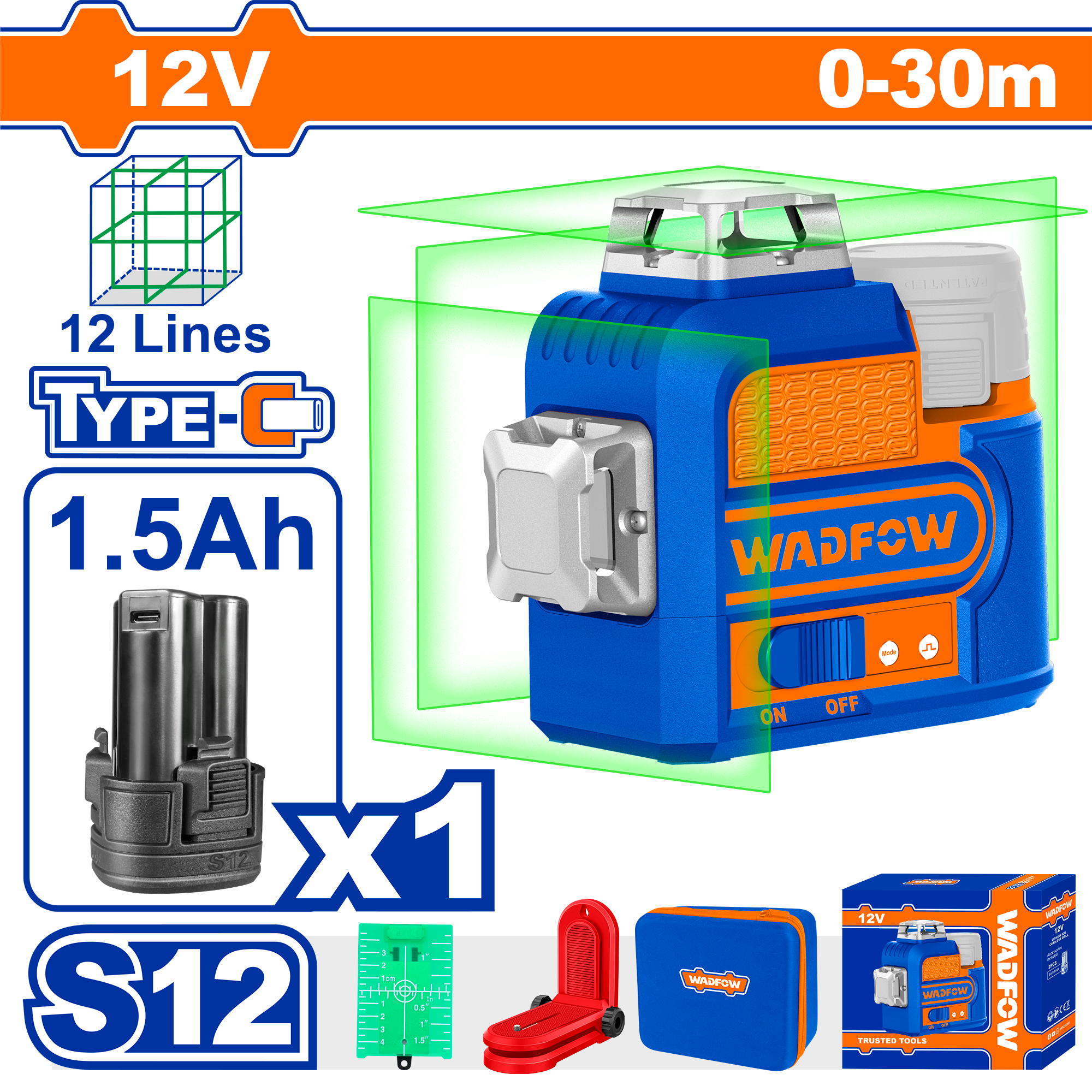 Lazer i nivelit 12 linja 12V 1x12Ah bateri WADFOW WLE8M12