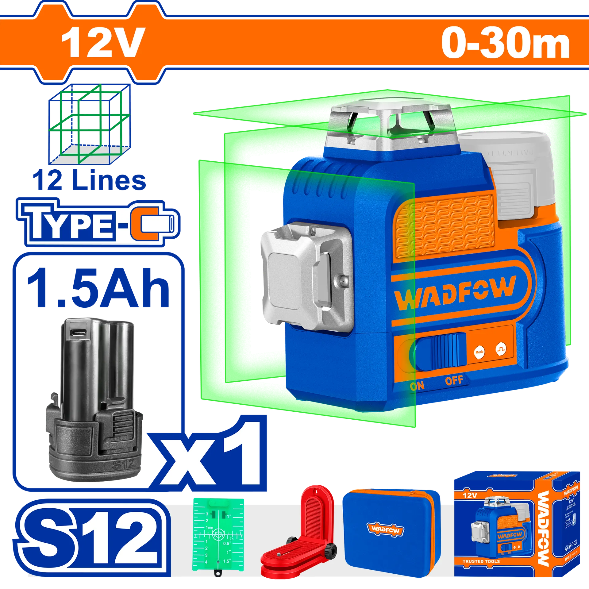 Lazer i nivelit 12 linja 12V 1x12Ah bateri WADFOW WLE8M12