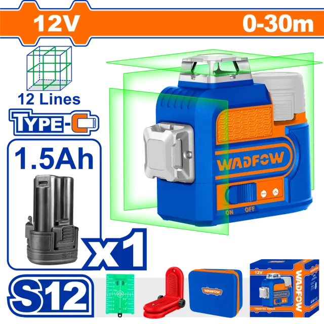ЛАСЕРСКИ НИВЕЛАТОР 12 линии 12V 1x12Ah БАТЕРИЈА WADFOW WLE8M12