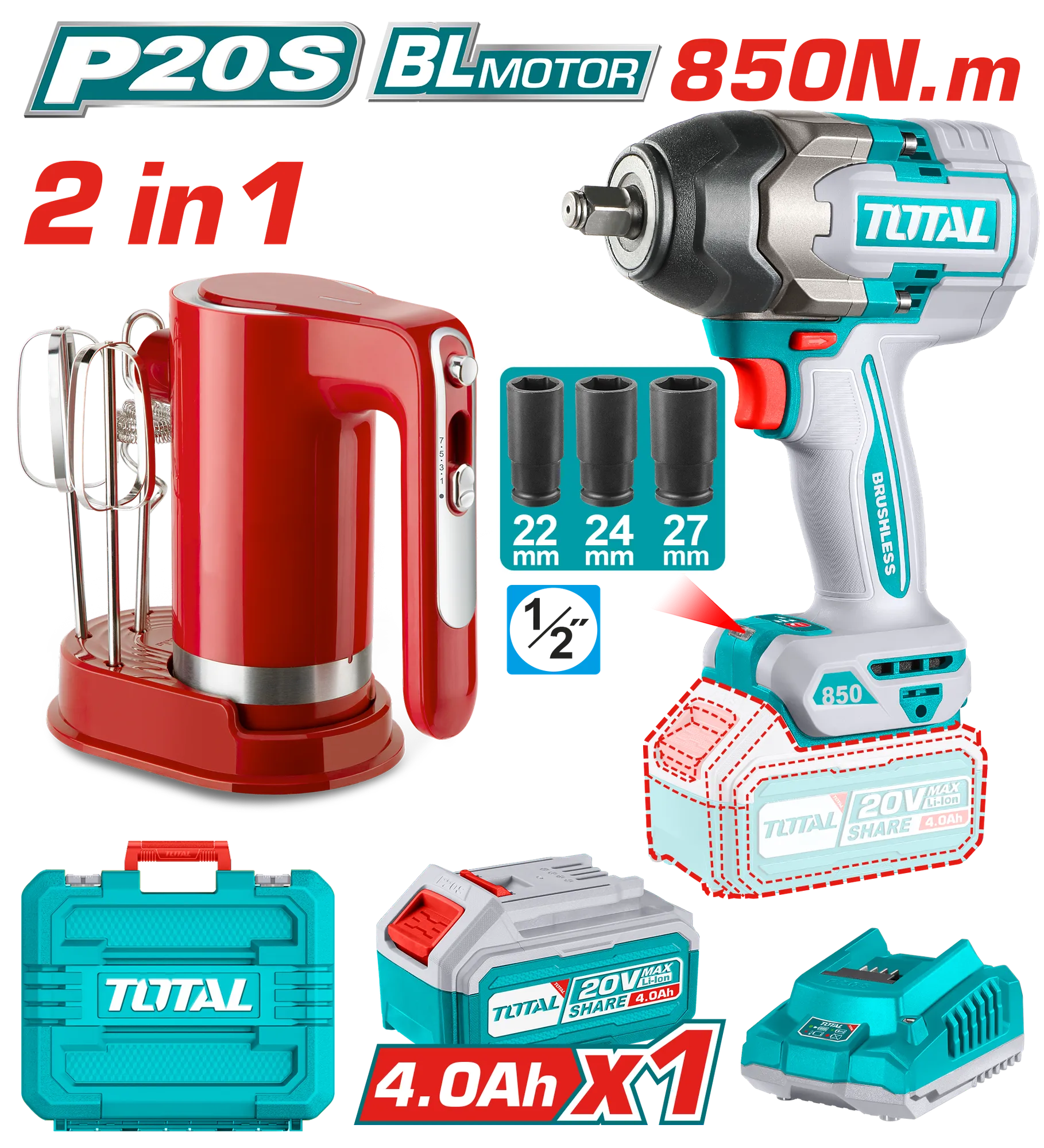 Driver i goditjeve TOTAL 850Nm 20V + mikser kuzhine TOSLI240313