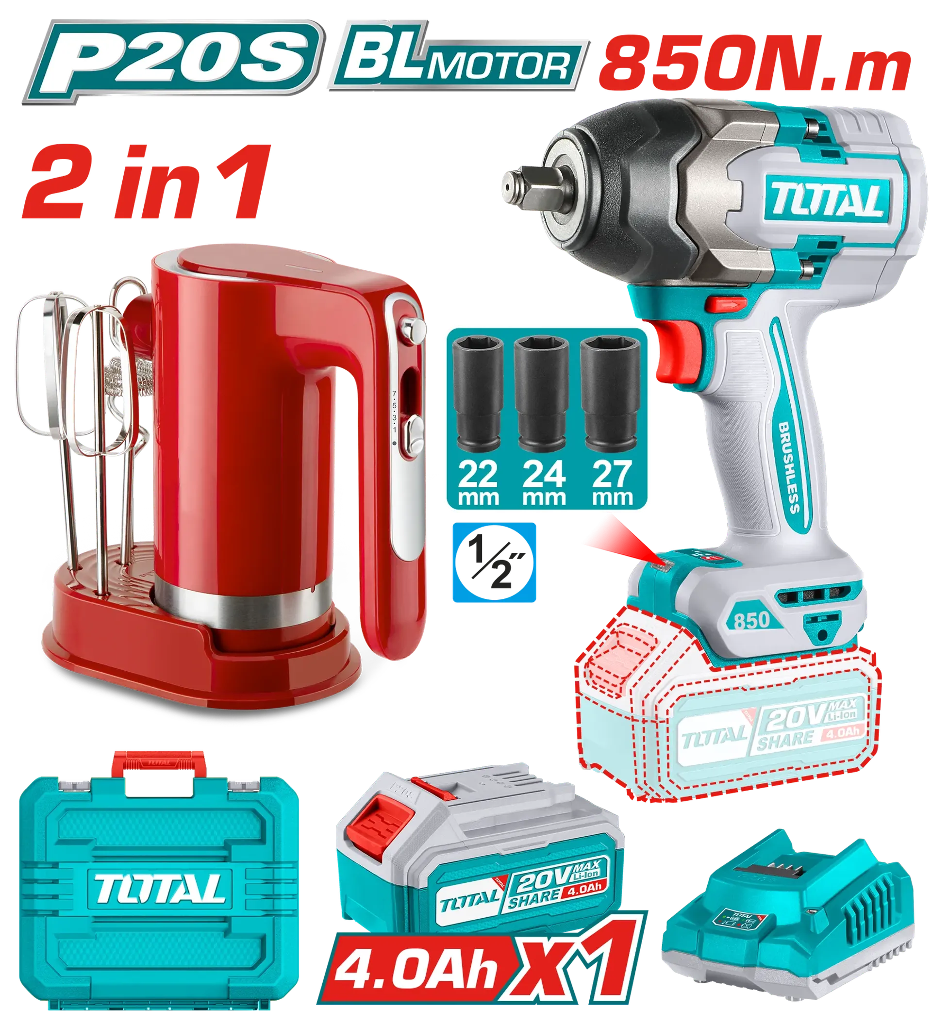 Driver i goditjeve TOTAL 850Nm 20V + mikser kuzhine TOSLI240313