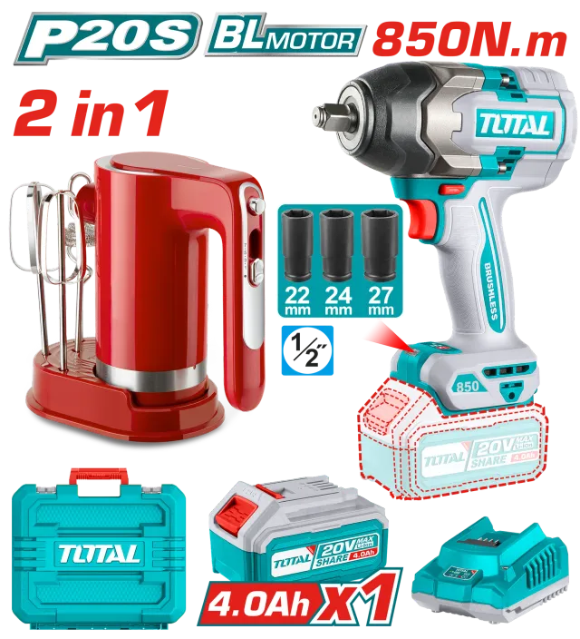 УДАРЕН ОДВРТУВАЧ TOTAL 850Nm 20V + КУЈНСКИ МИКСЕР TOSLI240313