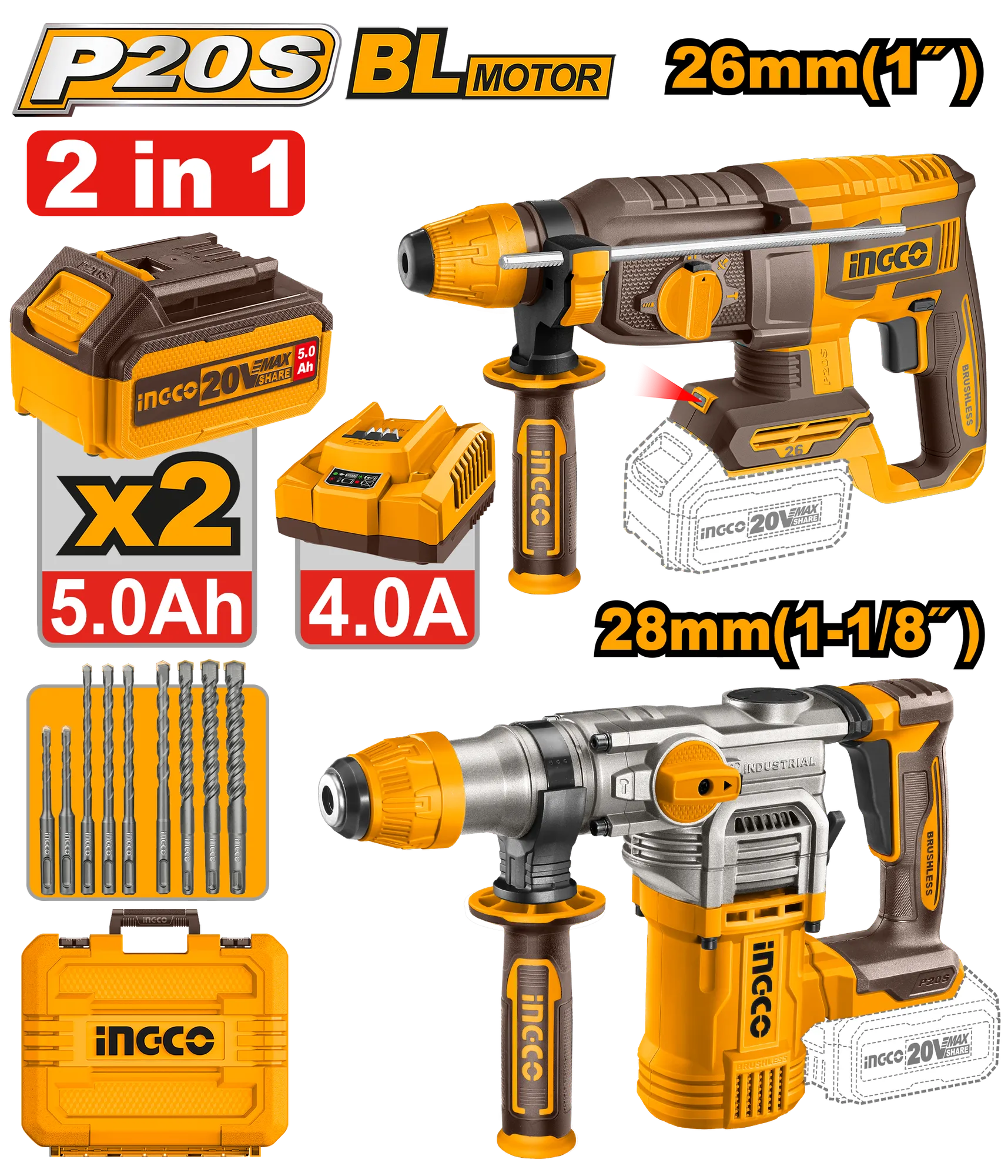 СЕТ 2/1 УДАРЕН ЧЕКАН ХИЛТА 2/1 2×5.0Ah БАТЕРИИ INGCO COSLI250462