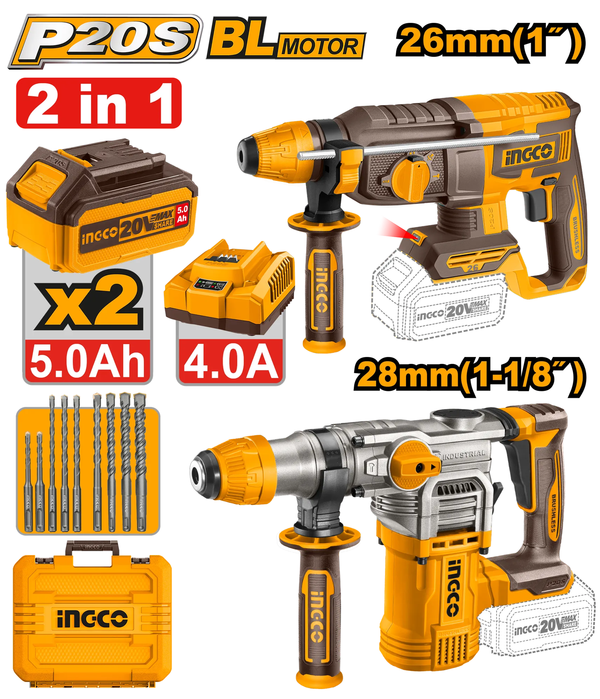 СЕТ 2/1 УДАРЕН ЧЕКАН ХИЛТА 2/1 2×5.0Ah БАТЕРИИ INGCO COSLI250462