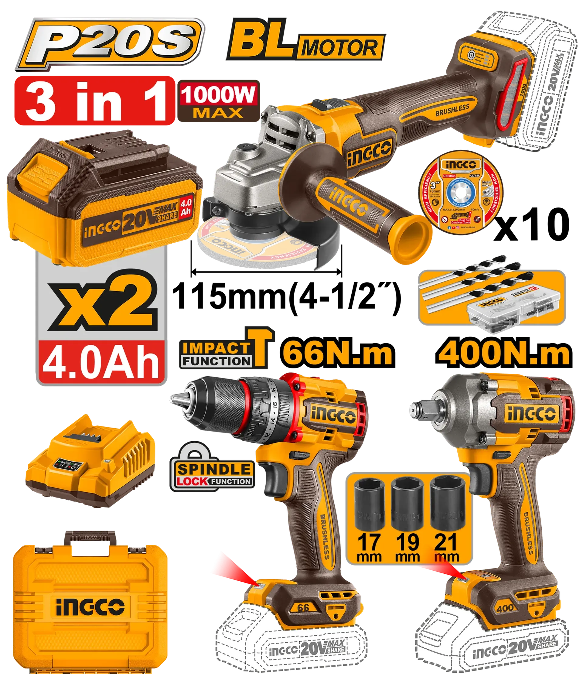 Seti kombo baterie 3/1 INGCO 2x4.0Ah COSLI241291
