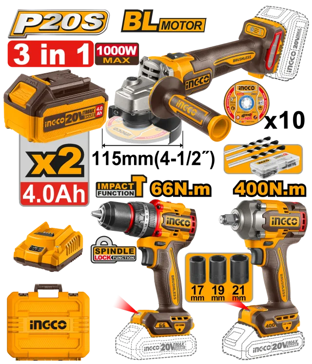 БАТЕРИСКИ COMBO СЕТ 3/1 INGCO 2×4.0Ah COSLI241291