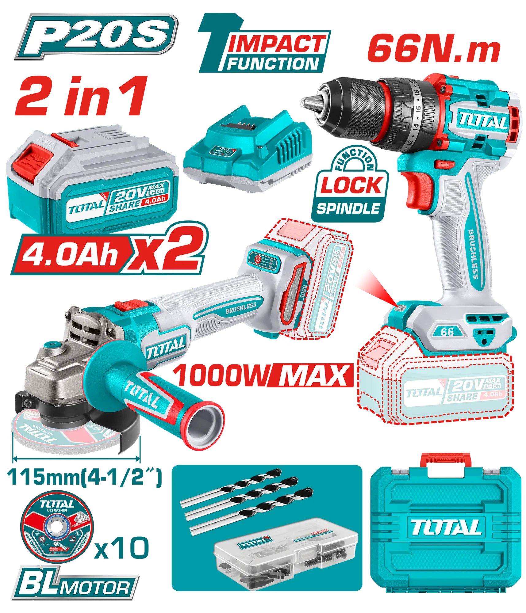 COMBO СЕТ 2/1 ШТРАФИЛИЦА 66Nm + АГОЛНА БРУСИЛКА 900W 1×2.0Ah 1×4.0Ah TOTAL 20V TCKLI20273