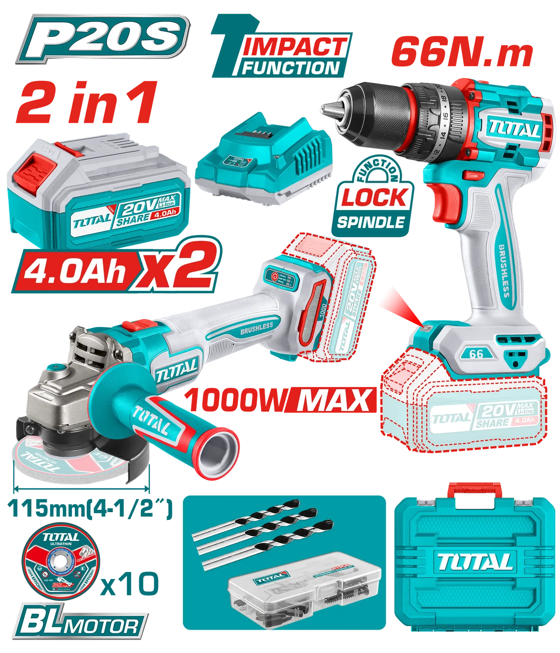 COMBO СЕТ 2/1 ШТРАФИЛИЦА 66Nm + АГОЛНА БРУСИЛКА 900W 1×2.0Ah 1×4.0Ah TOTAL 20V TCKLI20273