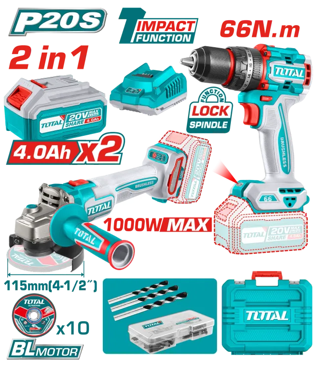 COMBO СЕТ 2/1 ШТРАФИЛИЦА 66Nm + АГОЛНА БРУСИЛКА 900W 1×2.0Ah 1×4.0Ah TOTAL 20V TCKLI20273