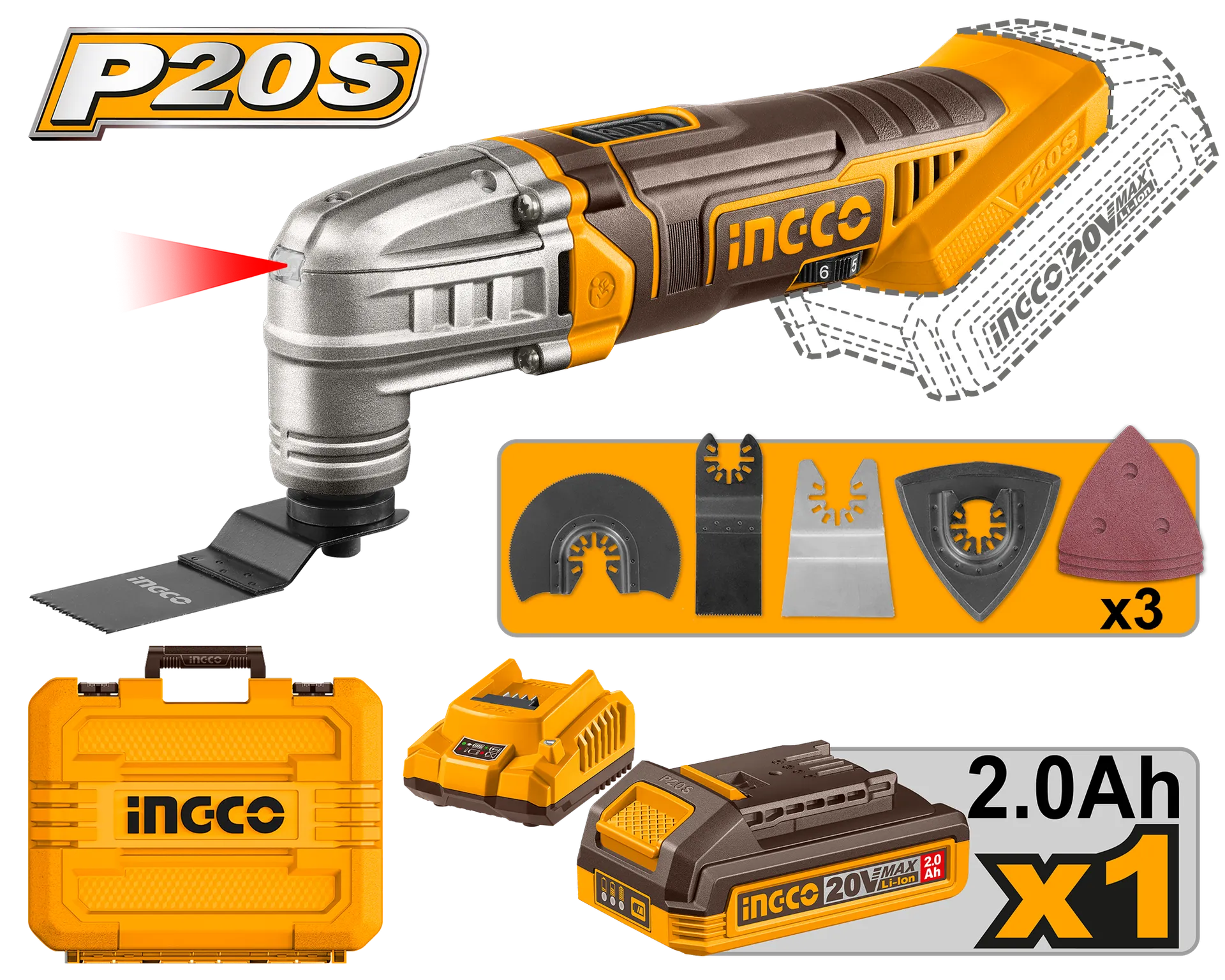 Alat Multifunksional 20V 1x2.0Ah bateri INGCO CMLI20228