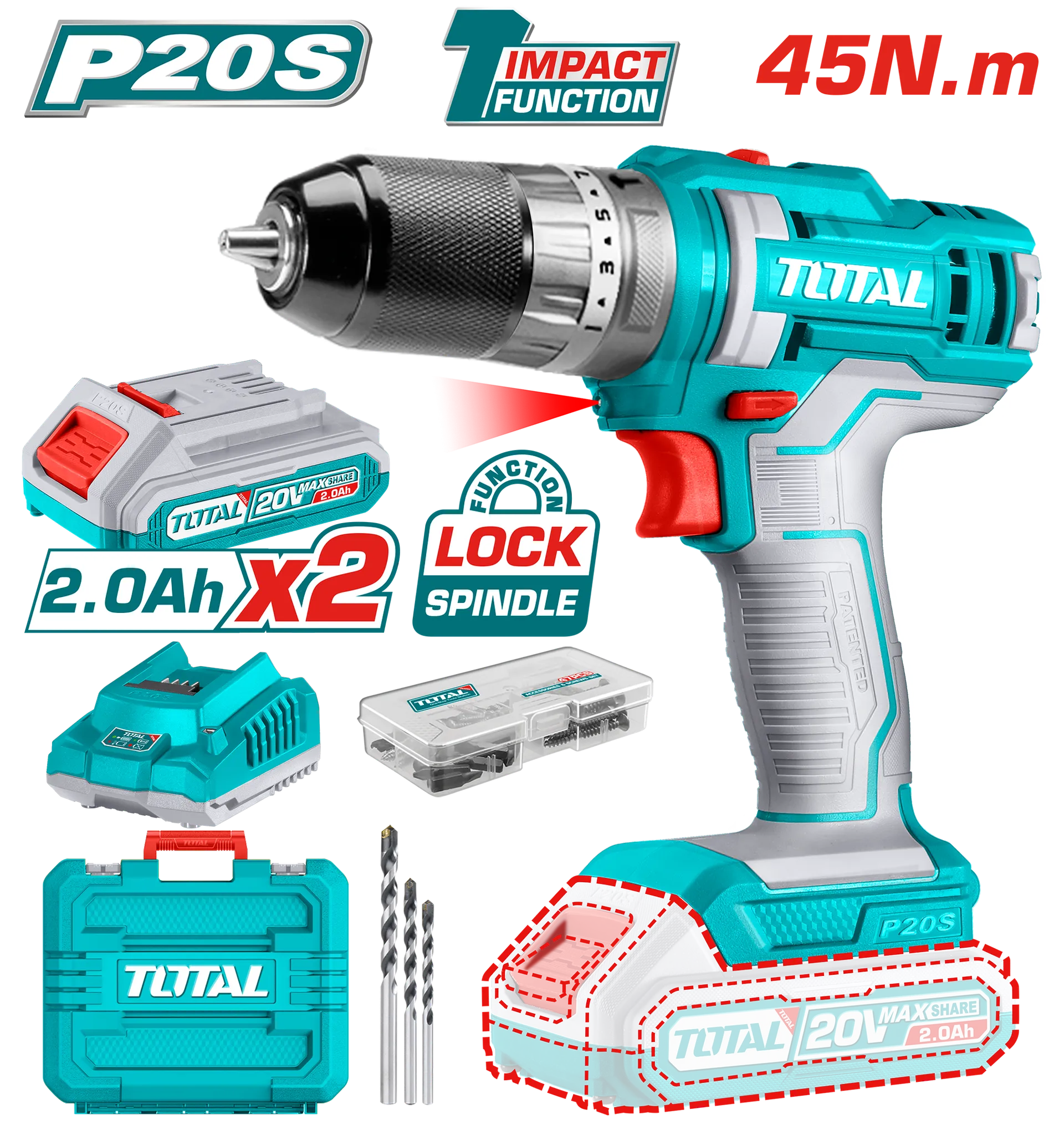 Çkëz 20V 2×2.0Ah bateri 45Nm TOTAL -TIDLI201452