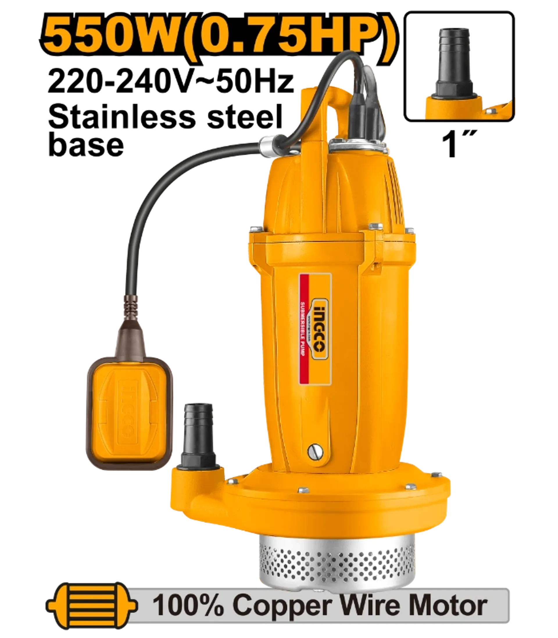 ПОТОПНА ПУМПА ЗА ВОДА 0.55KW-25M 1″ INGCO SPC55068
