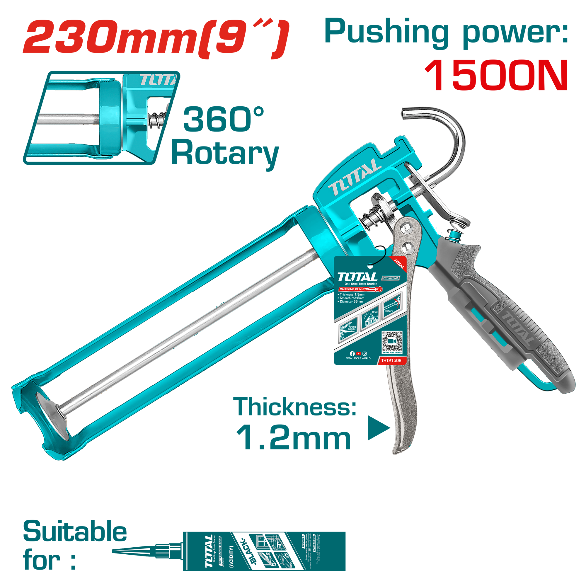 Pistol për silikën TOTAL 9″ rrotullues THT21509