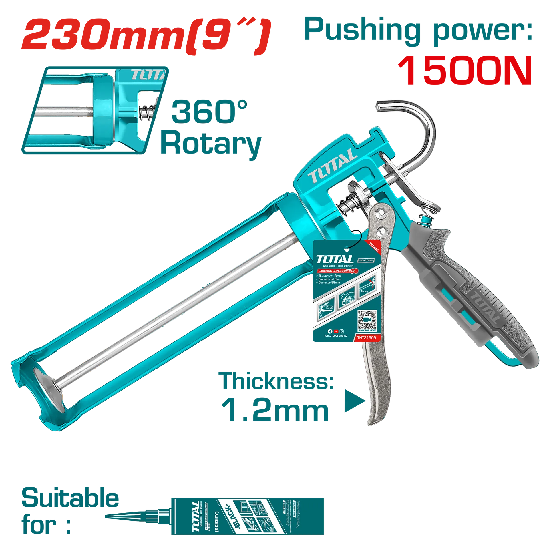 Pistol për silikën TOTAL 9″ rrotullues THT21509