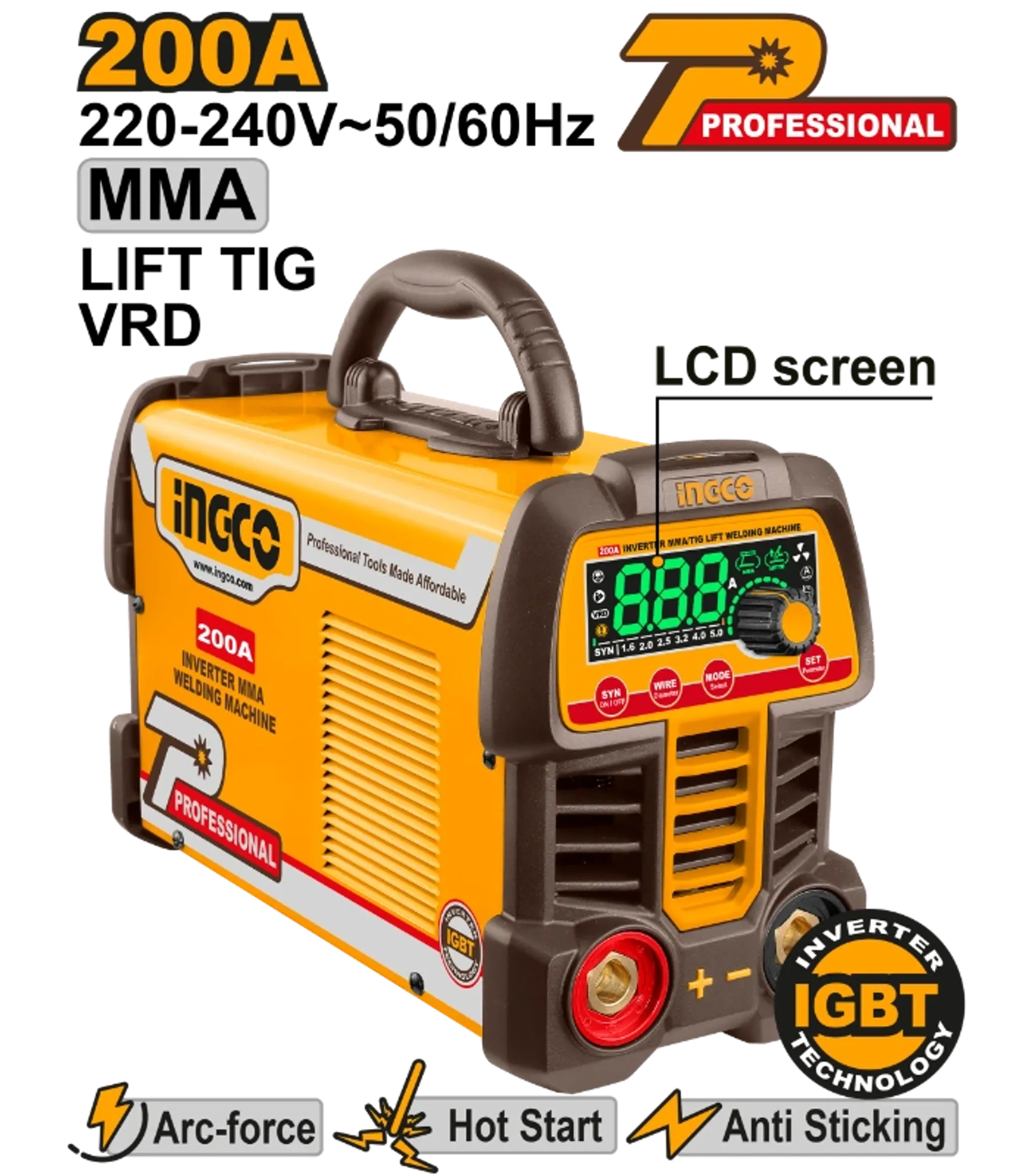ИНВЕРТОР 200A MMA LIFT TIG VRD IGBT INGCO ING-MMA200691(M)
