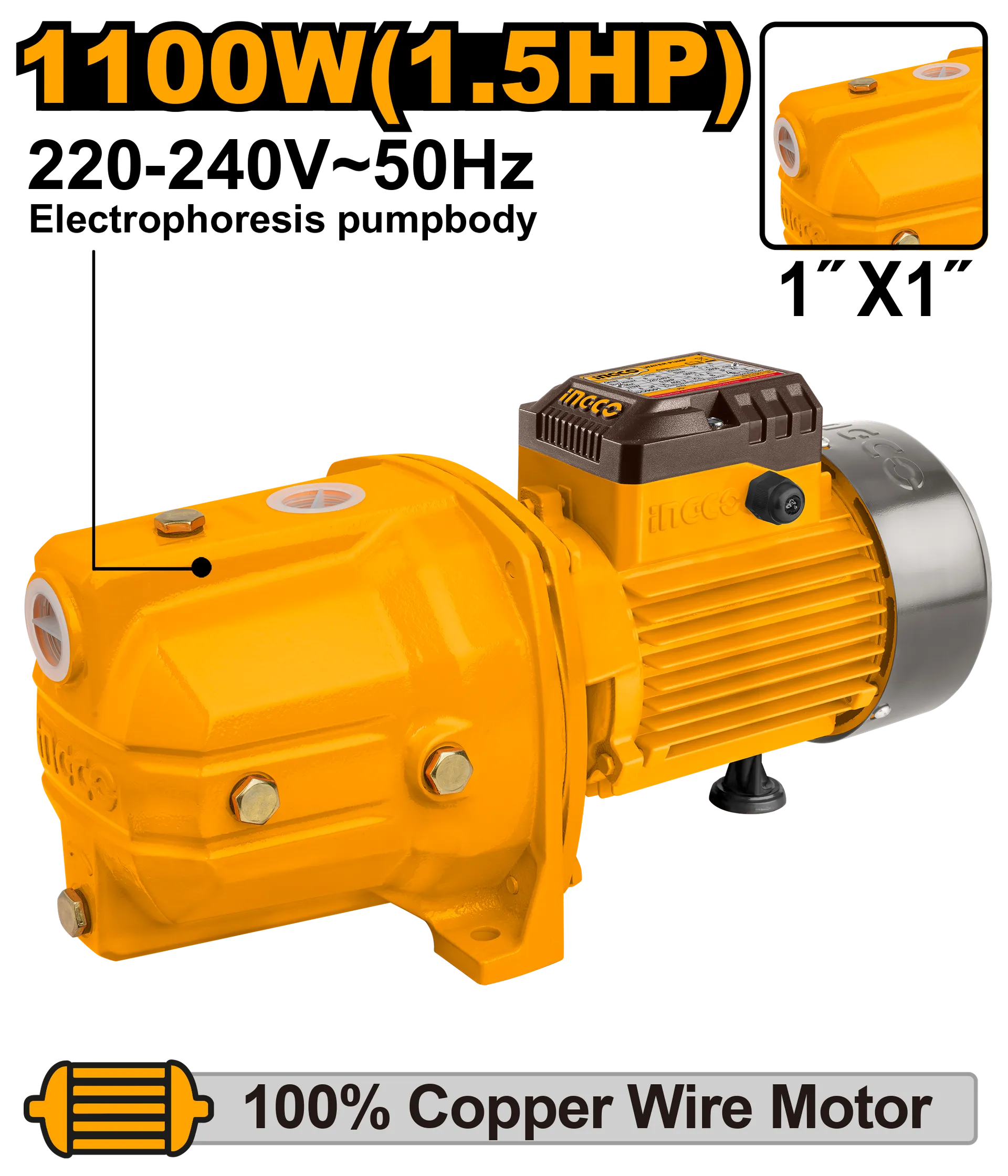 Вакуум пумпа INGCO 1.1KW 1″ JP11008