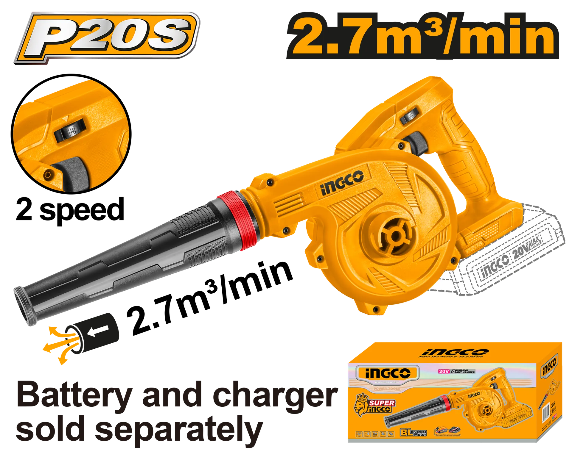 Aspirator duvalkë 2.7m3/min 20V solo pa baterie - INGCO CABLI20018