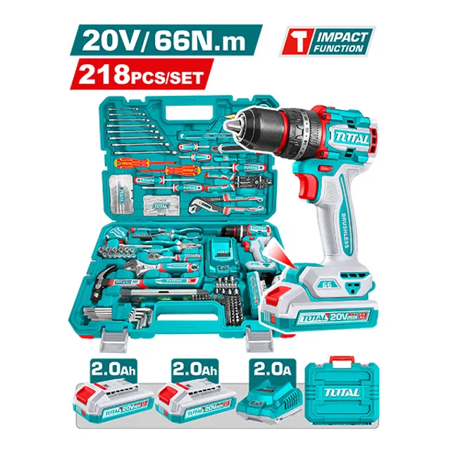 Trapano-kaçavidë me bateri 20V 66N.m + 218 pjesë vegla dore TOTAL THKTHP42187