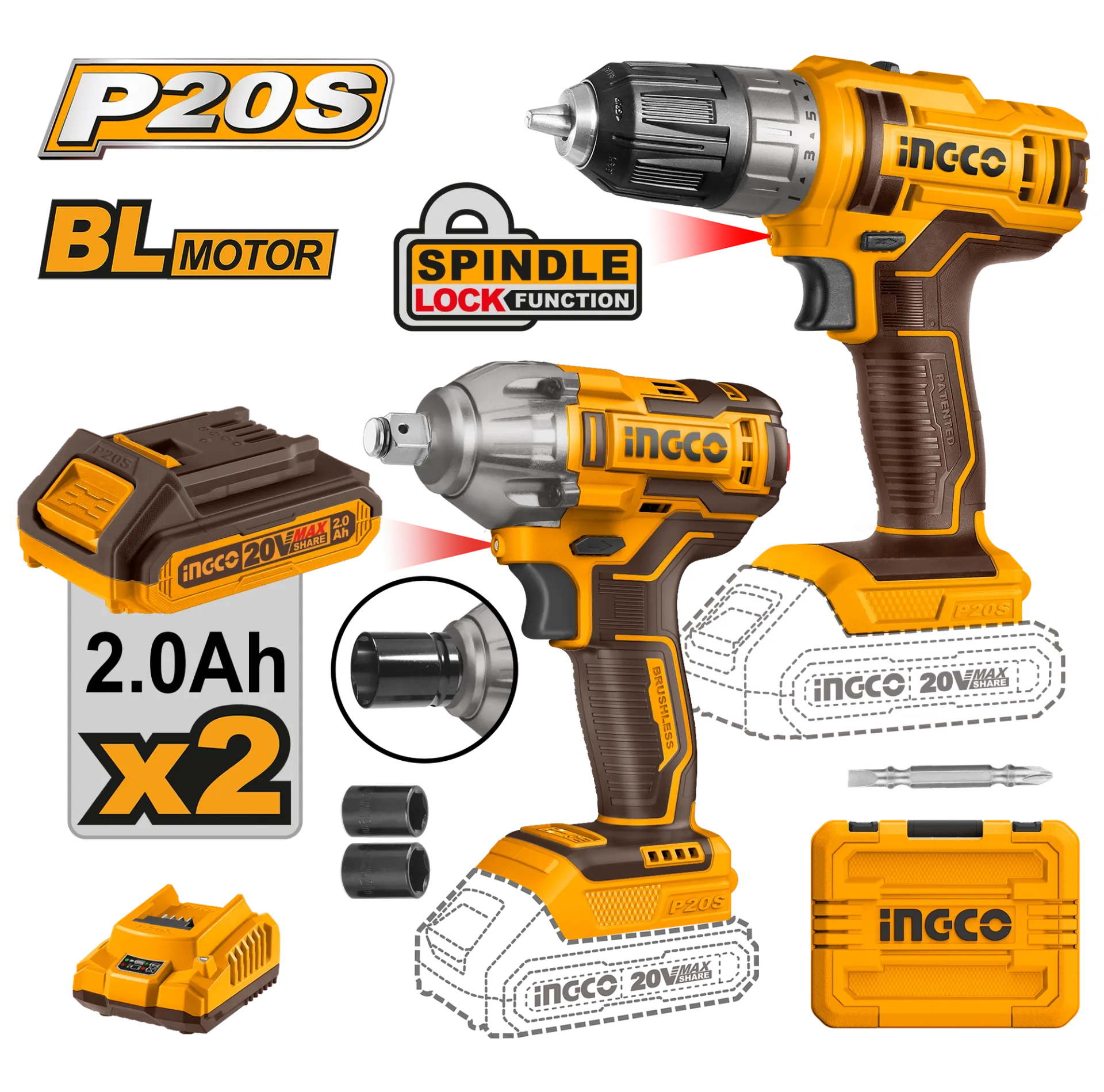 INGCO combo set 2/1 përforcues + përpunues me goditje 20V 2x2.0Ah bateri COSLI230702