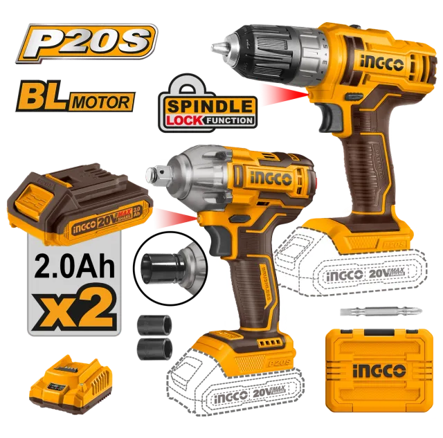 INGCO COMBO СЕТ 2/1 ШТРАФИЛИЦА + УДАРЕН ОДВРТУВАЧ 20V 2×2.0Ah БАТЕРИИ COSLI230702