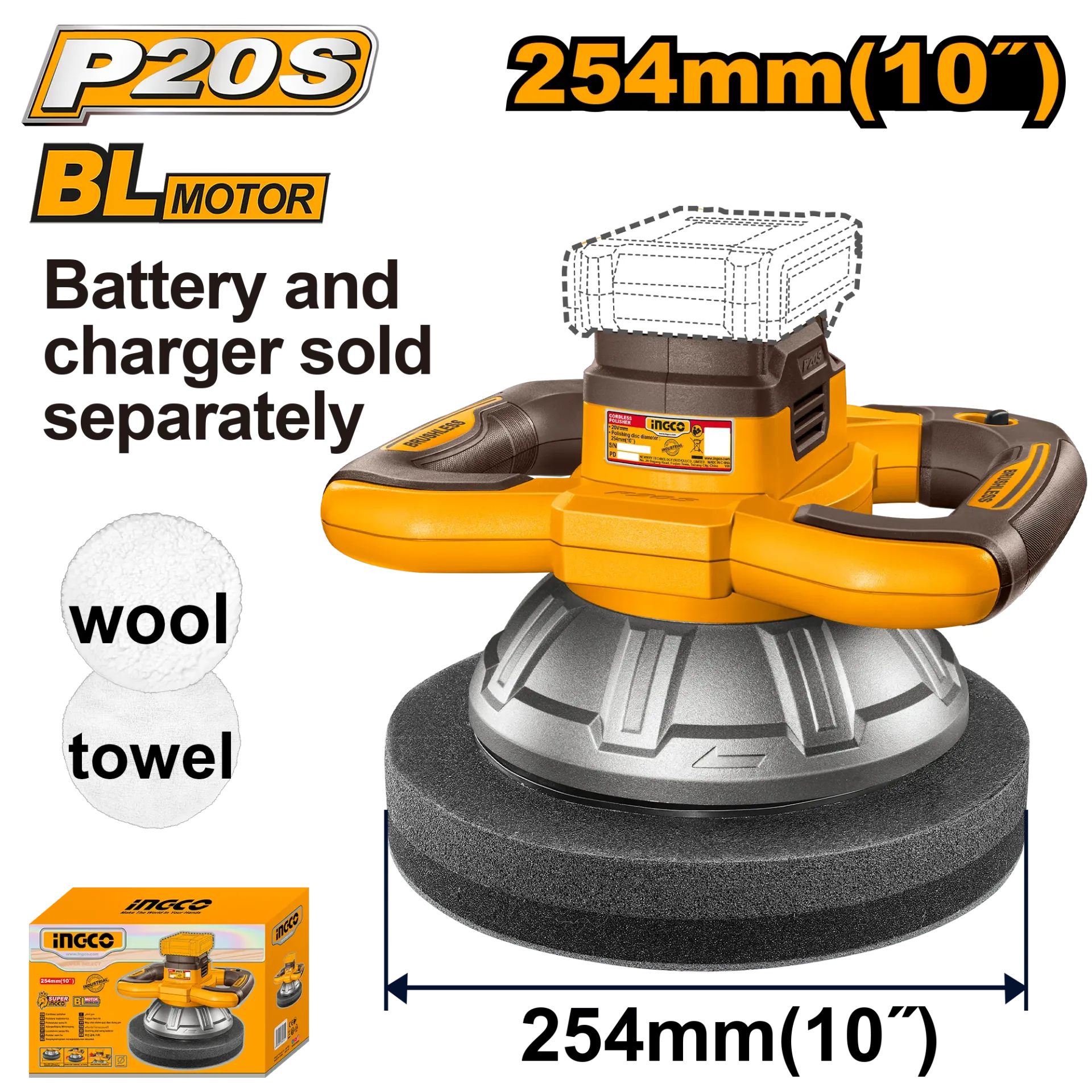 Polisher 254mm 20V solo skin INGCO COPLI202548