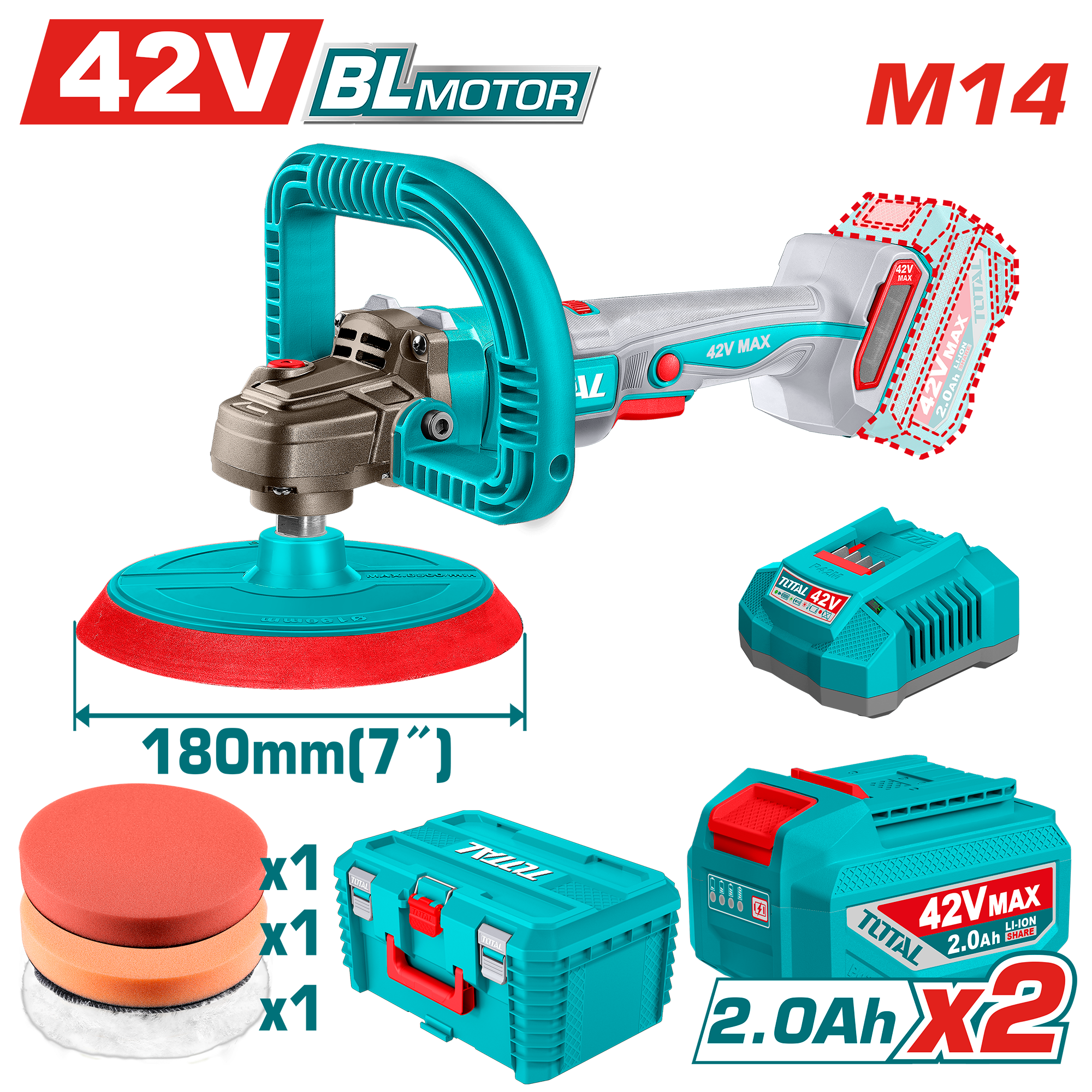 БАТЕРИСКА ПОЛИРКА TOTAL 42V 180MM 2×2.0Ah TAPLI42182