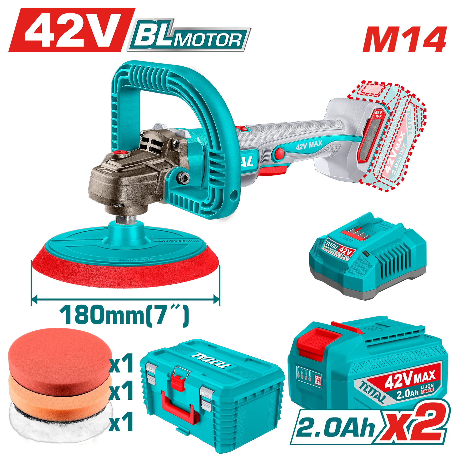 БАТЕРИСКА ПОЛИРКА TOTAL 42V 180MM 2×2.0Ah TAPLI42182
