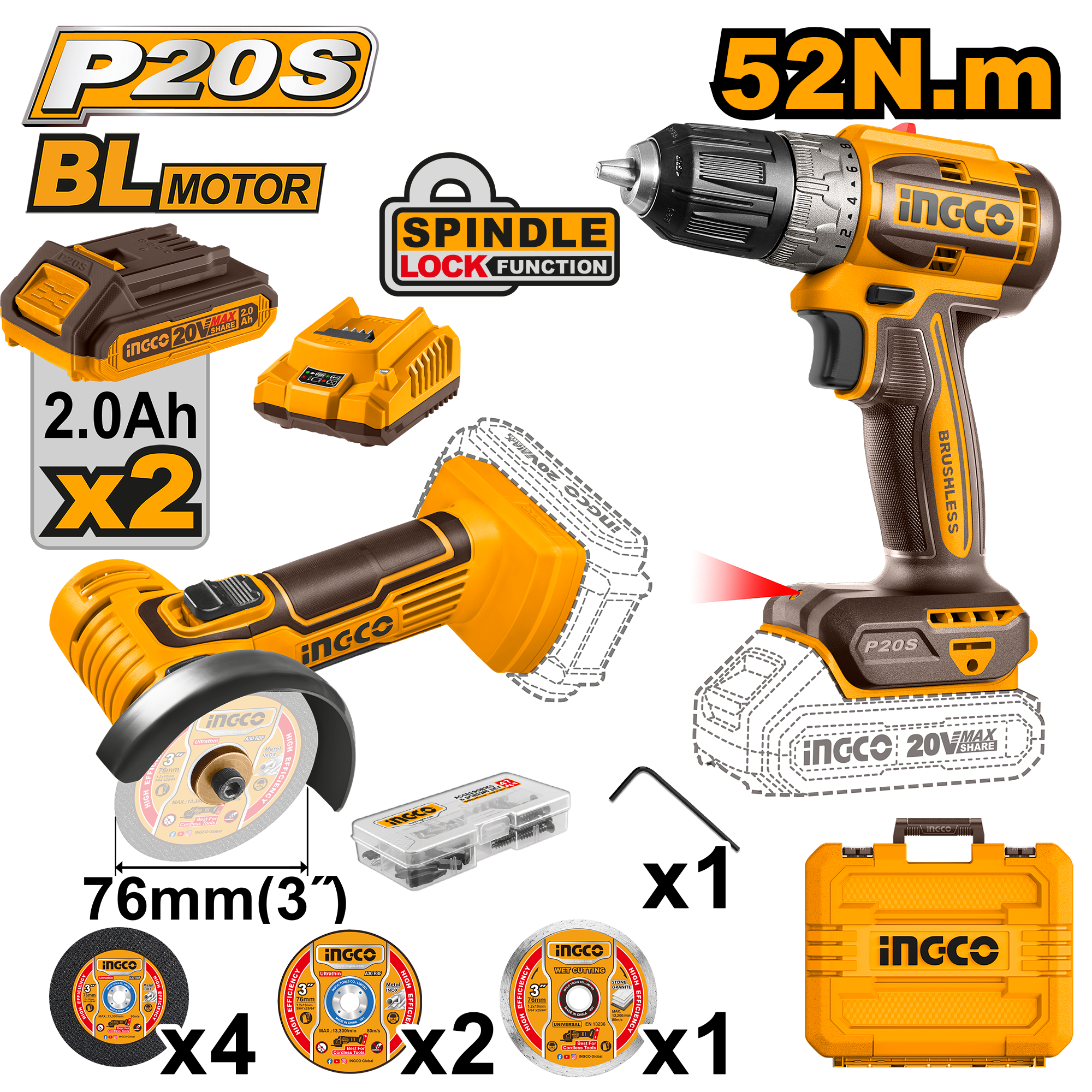 Combo set 2/1 20V përforcues 52Nm + mini brusiese 76mm 2x2.0Ah bateri - INGCO CKLI20278
