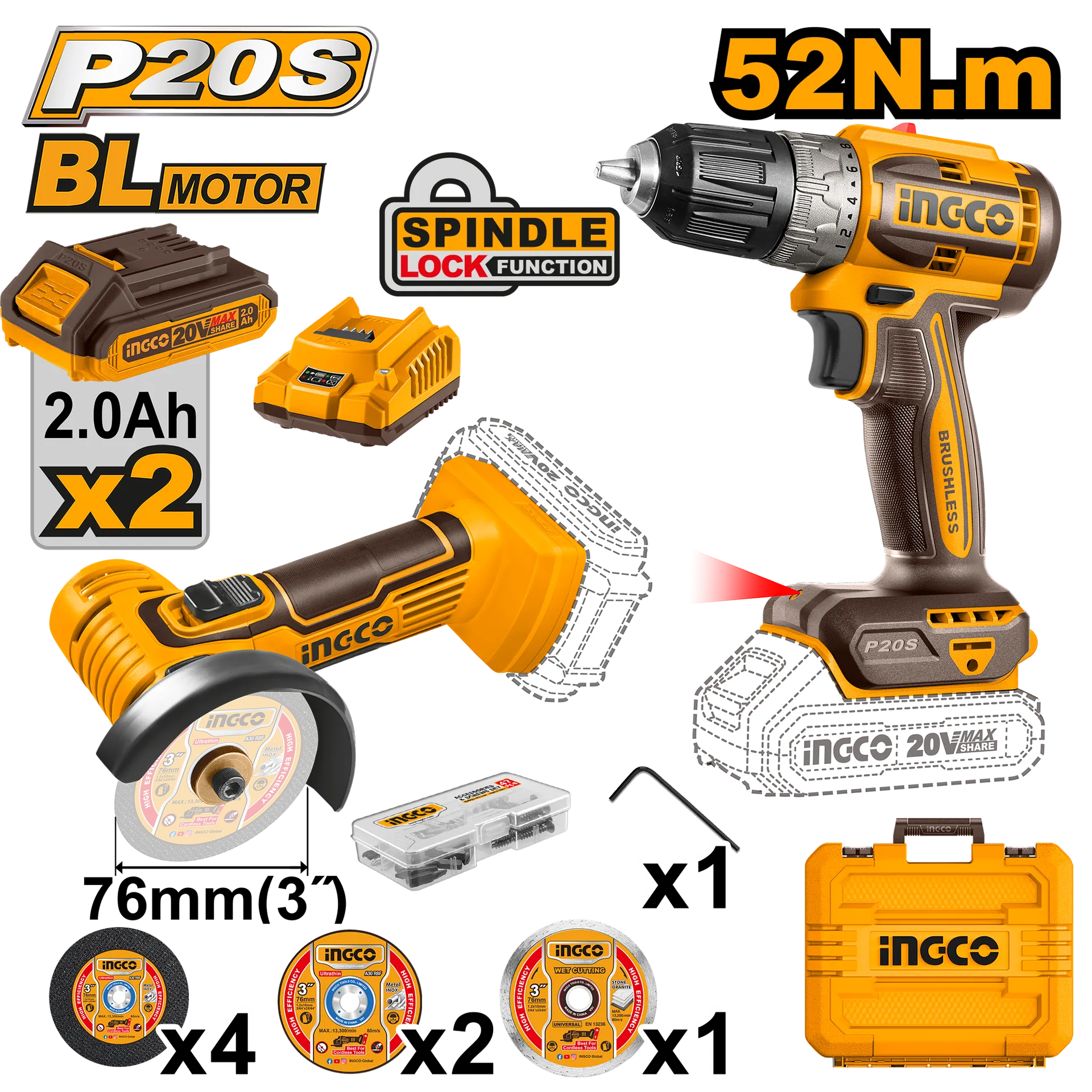 Combo set 2/1 20V përforcues 52Nm + mini brusiese 76mm 2x2.0Ah bateri - INGCO CKLI20278
