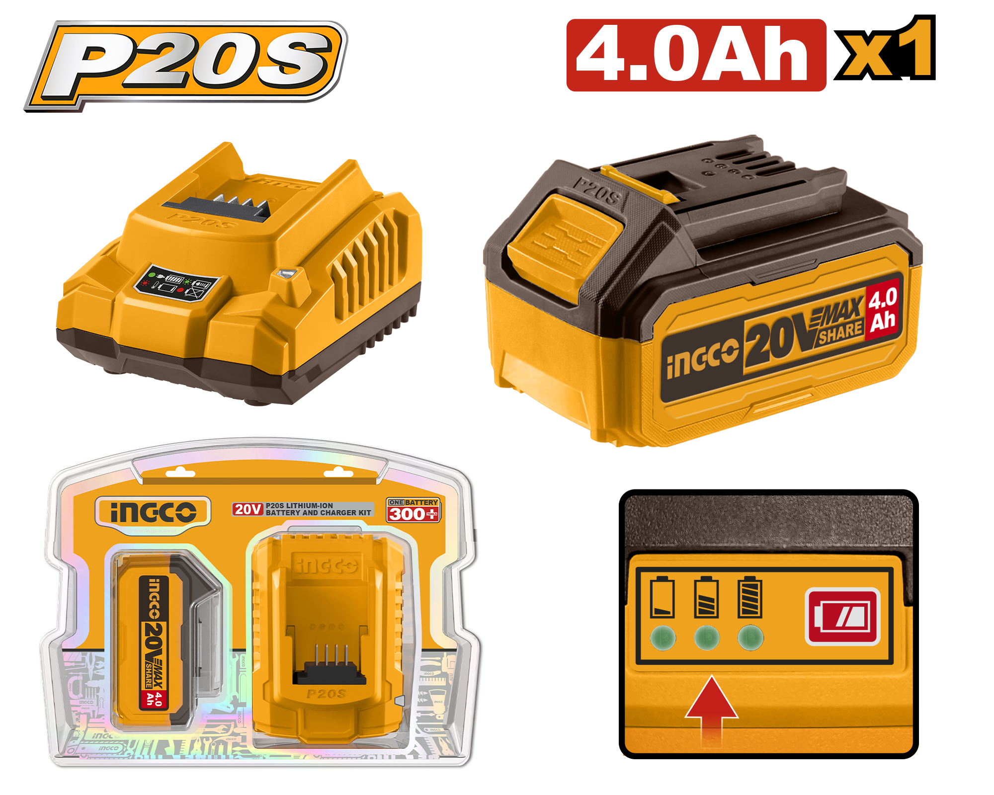 Bateria 20V 1x2x4.0Ah + karikues 2A INGCO FBCPK1214